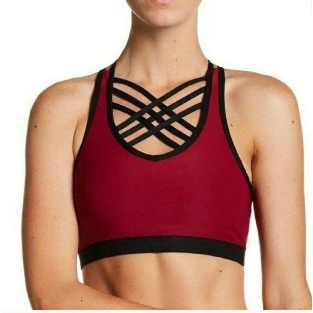 BEBE SPORT Criss Cross Racerback Women Plum Black Athletic Sports Bra Sz L NEW